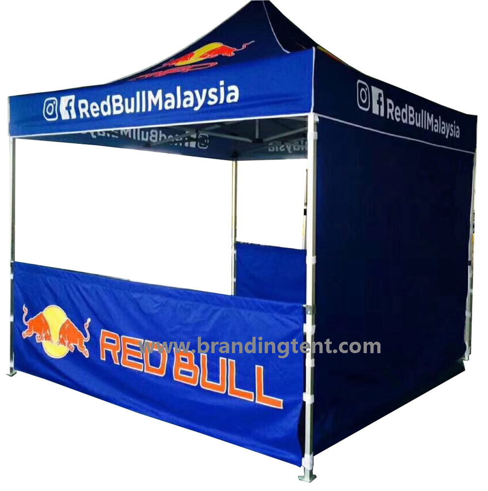 Pagoda tent with full printed walls used as a brand hub at a promotional event