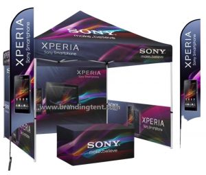 Advertising tent for brand image-sony, tech show tradeshow advertising tent with feather flags and table cover, advertising tent combo