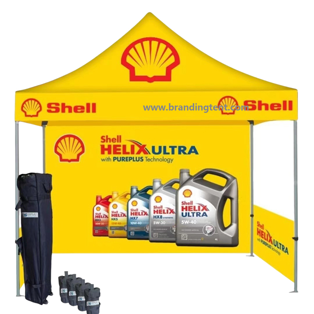 Fire-retardant custom canopy tent with printed branding for an industrial event