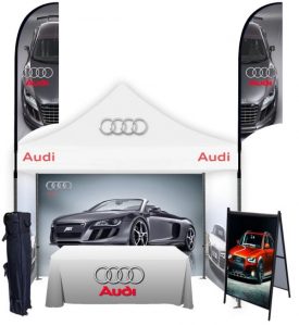 Solution 5: Advertising tents + feather flags + outdoor table + table cover + A frame Poster Frame
