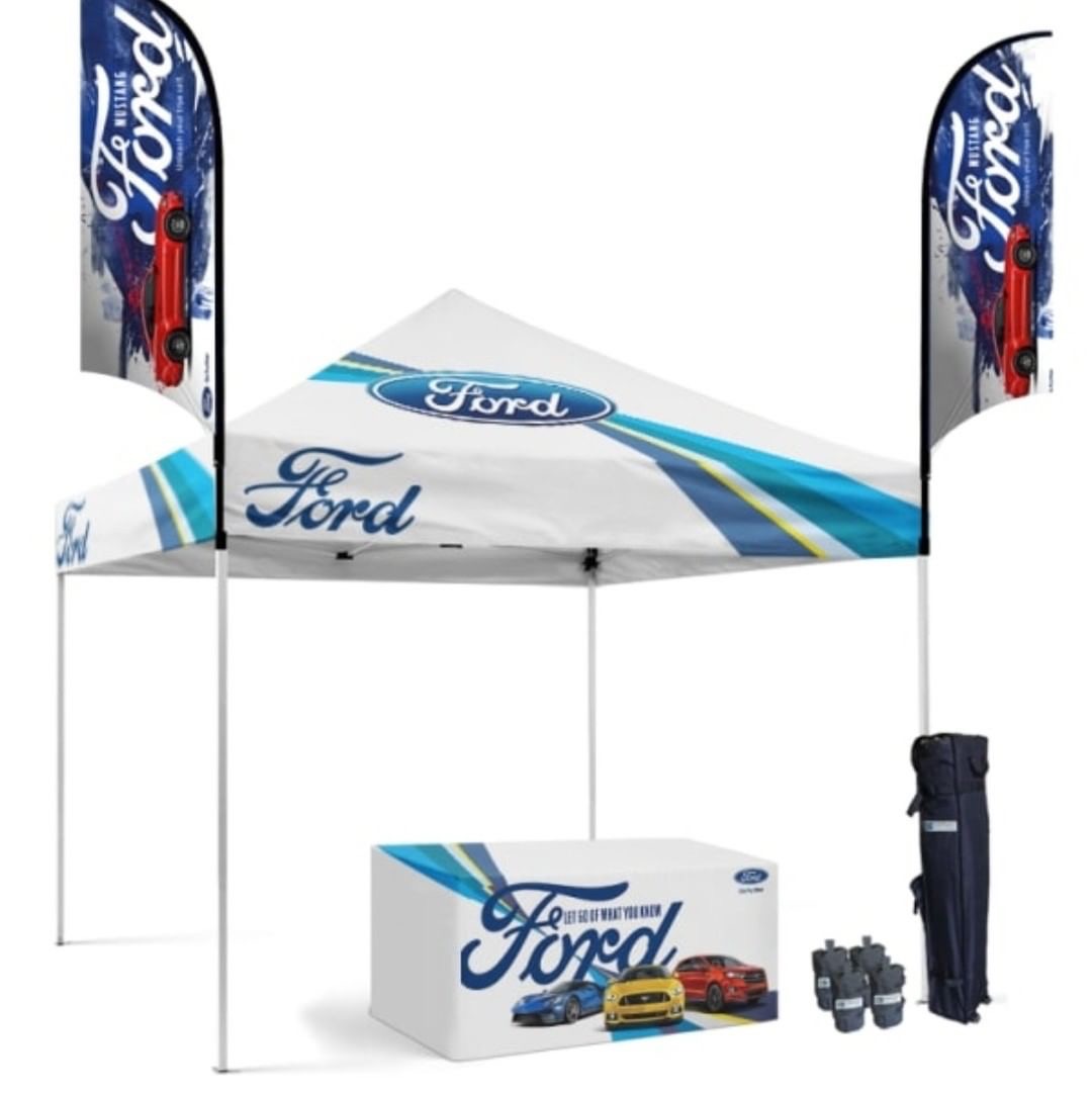 Custom canopy tent with full logo printing at an auto brand event