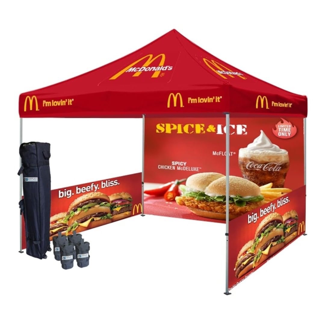 Custom gazebo tent kit for a quick-service food brand: printed canopy, valance and full-print sidewalls with trolley bag and weight plates