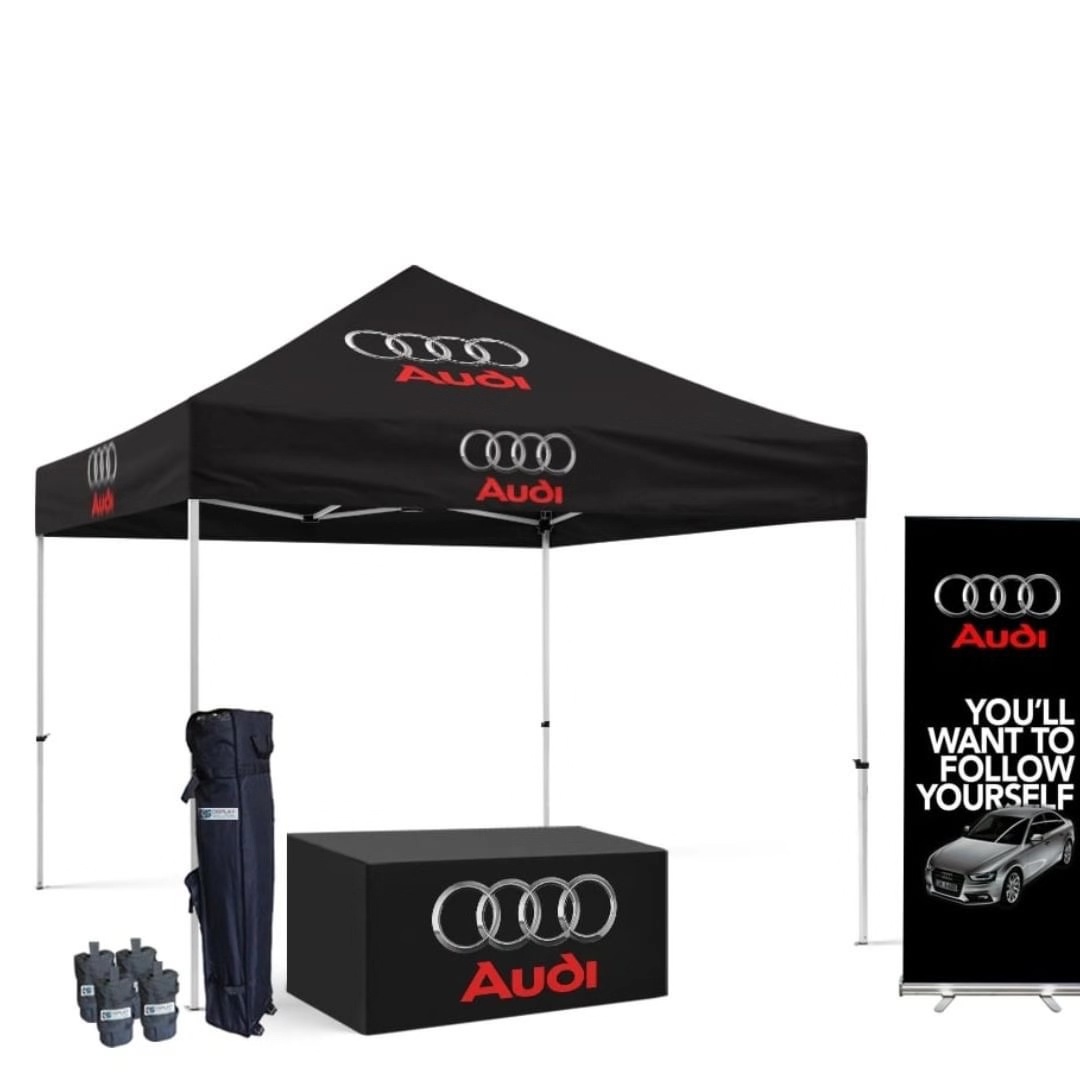 Advertising tent kit with printed canopy, branded table cover and roll up banner for a car brand