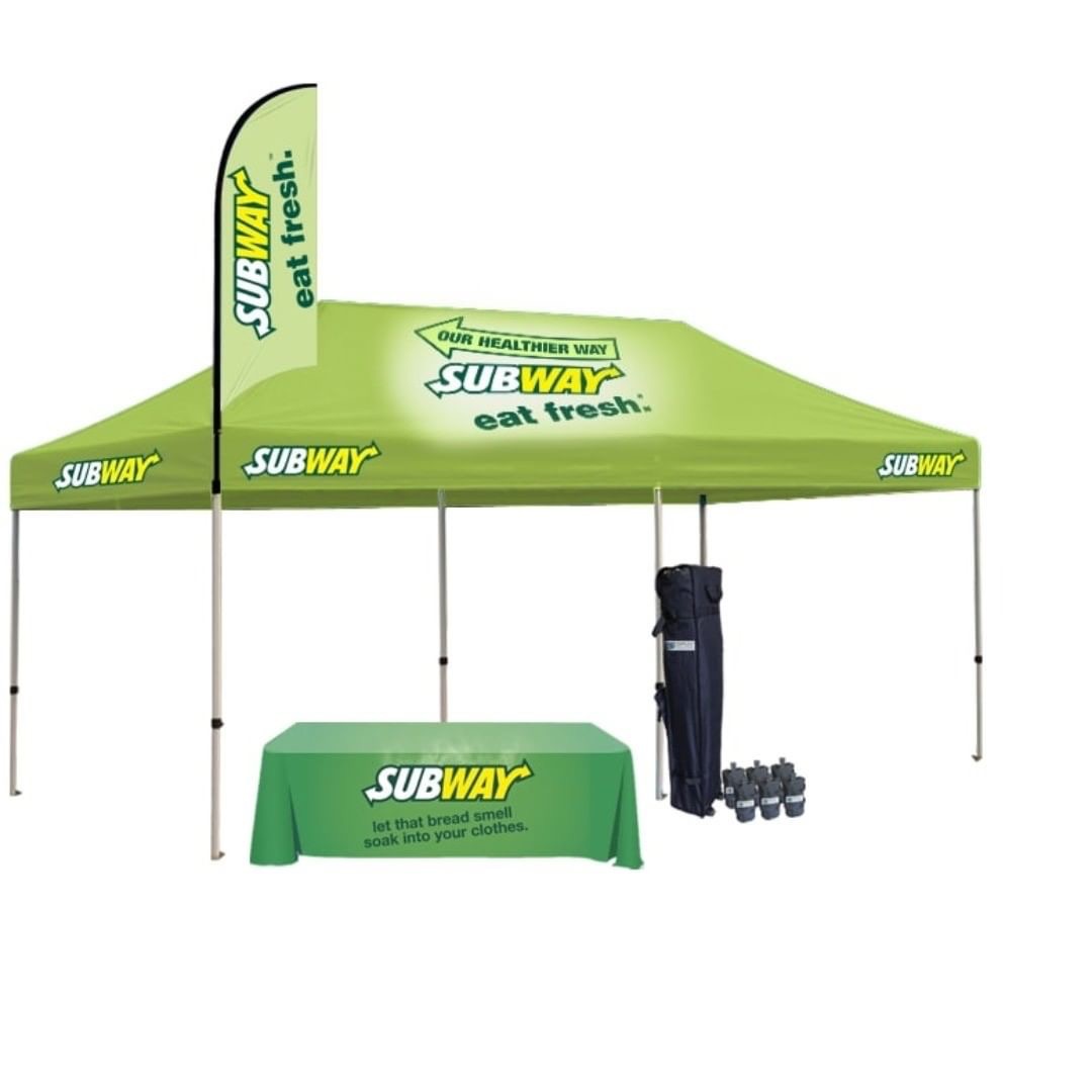 Green frame pop-up gazebo tent with feather flags and table cover at a market stall