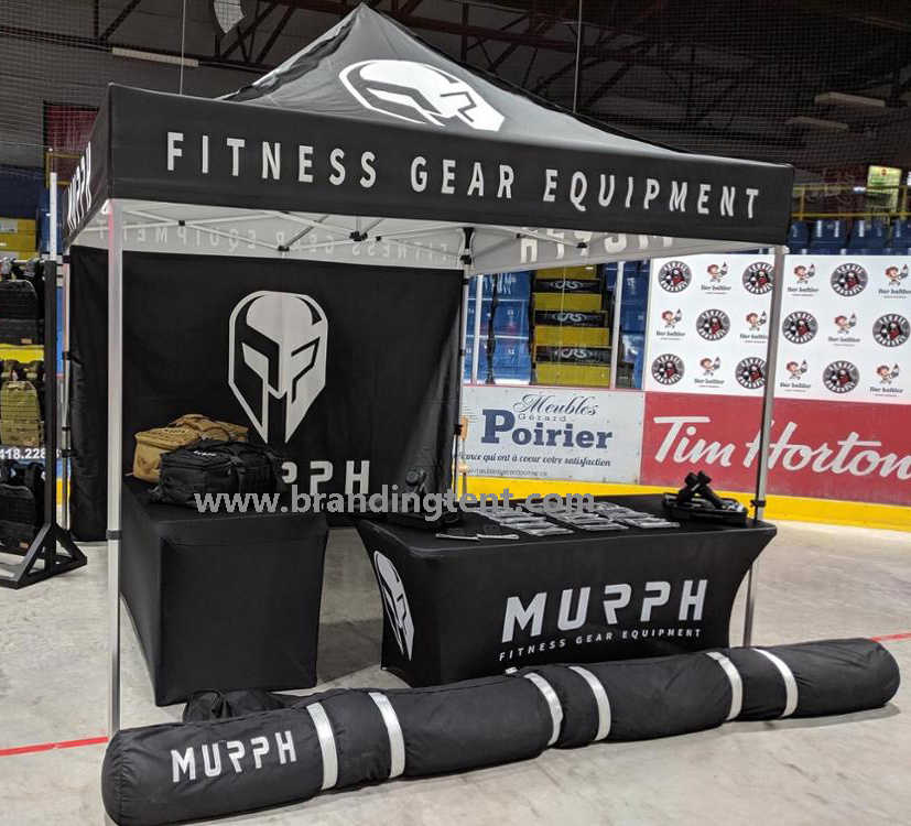 Custom gazebo event tent with printed canopy at an outdoor venue