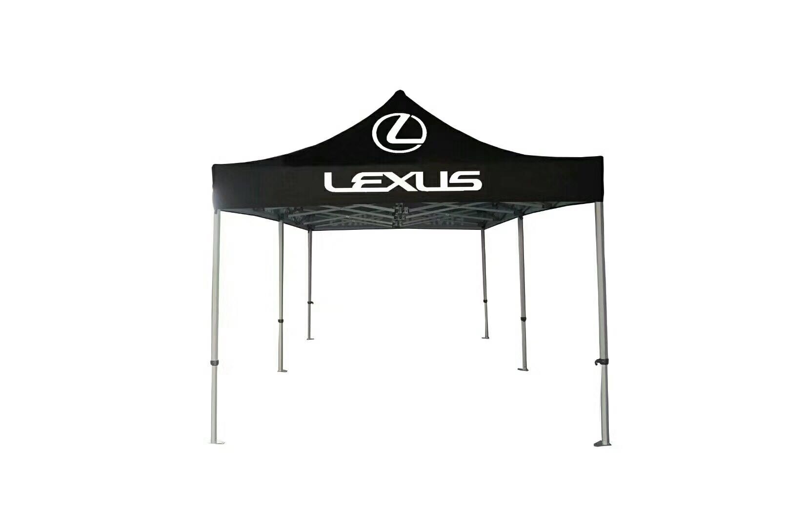 Black printed pop-up canopy booth at an event