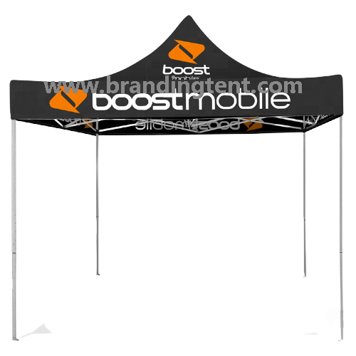 Black printed high-peak tent standing through the setup sequence