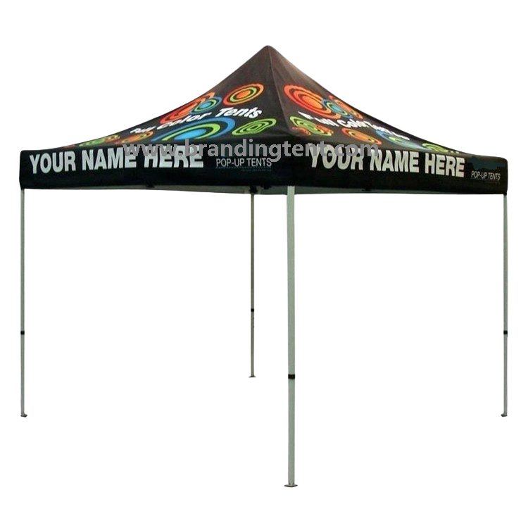 Custom printed tent with placeholder branding showing span and support
