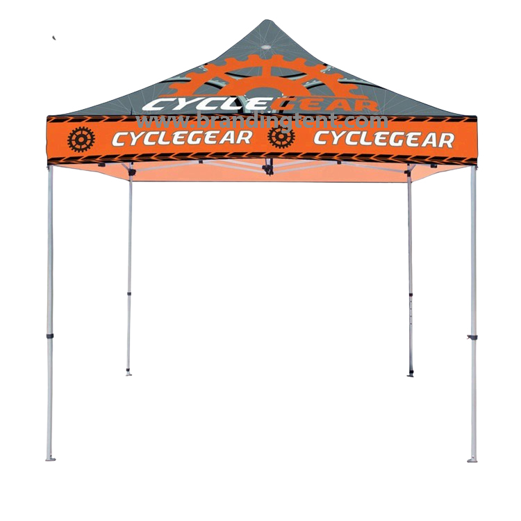 Custom printed canopy tent set up outdoors showing coated roof and wall panels