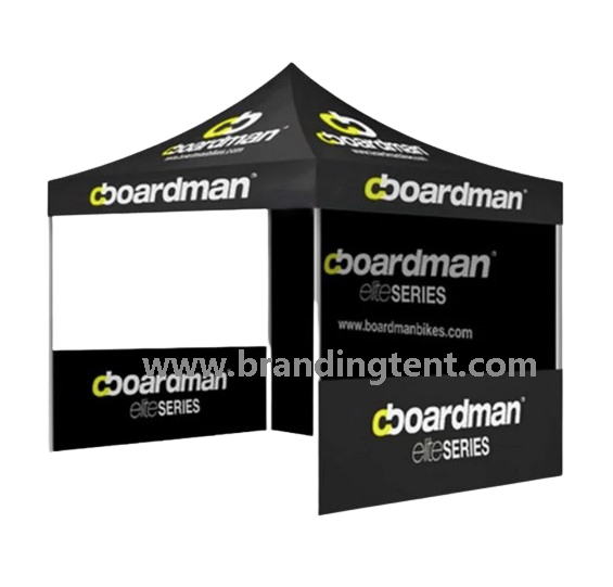 Branded pop-up tent set up as a corporate booth