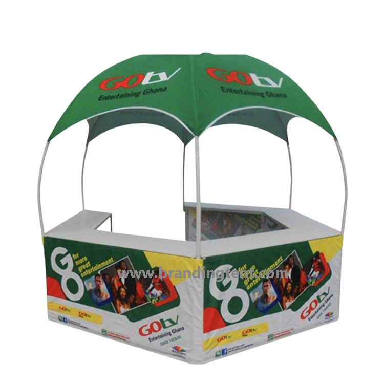 Custom printed hexagonal canopy showing fabric print quality and tension