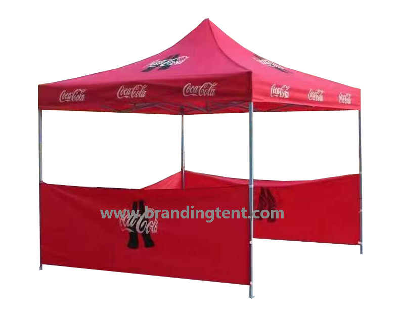 Pagoda-style tent with wall sections attached showing enclosure and print coverage