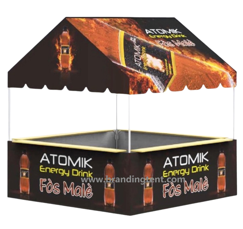 Custom printed pagoda canopy with dark full-surface branding showing print scope value