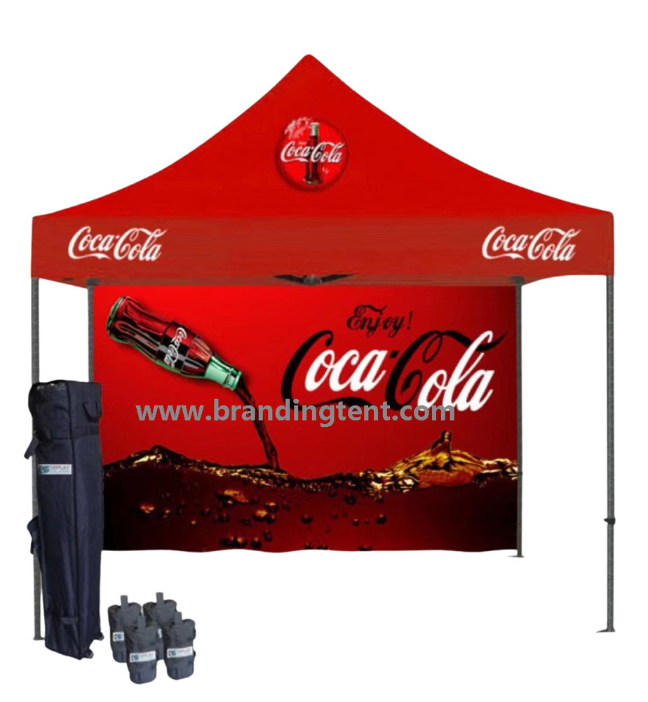 Printed tent with branded counter dressed for festival hospitality service