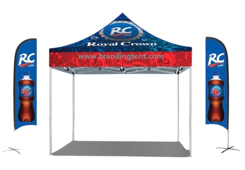 advertising flag with feather flag, brand marketing tent combo with feather flags,