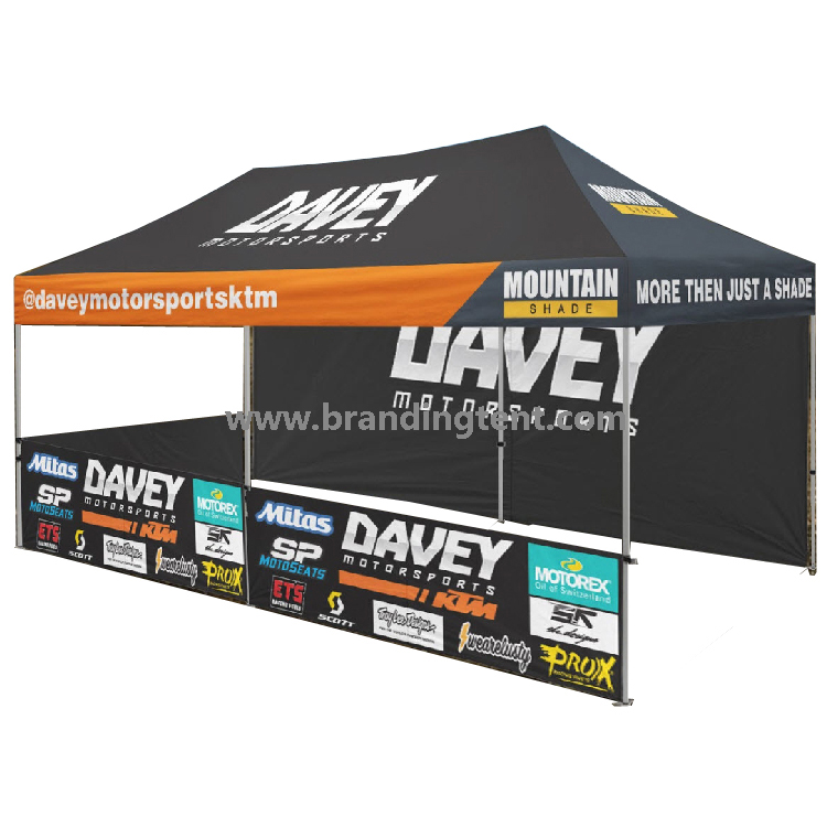Custom pop-up canopy tent with printed roof, valance and full sidewalls for a motorsports team