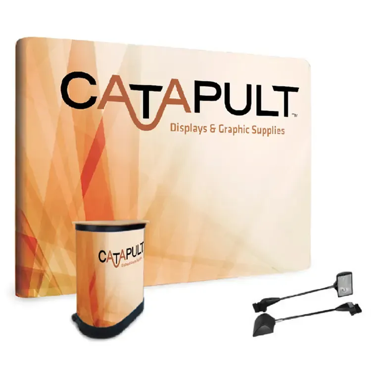 Printed tension-fabric trade show display with a matching counter, packed down into a trolley