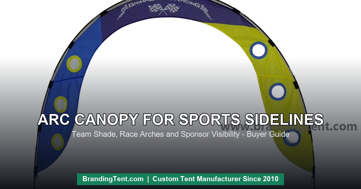 Arc canopy curved frame with race graphics for sports sidelines and finish lines