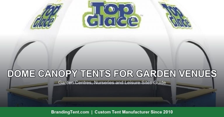 Dome canopy tent with printed panels used as a retail kiosk at a garden venue
