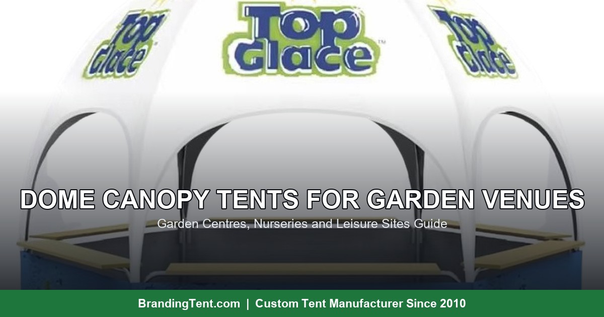 Dome canopy tent with printed panels used as a retail kiosk at a garden venue