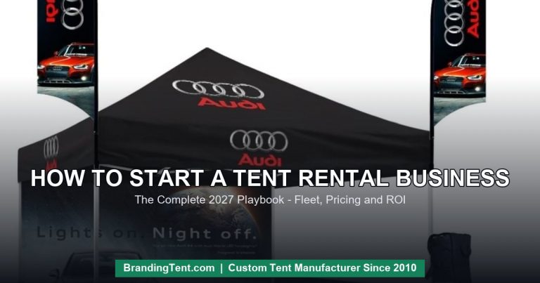 How to start a tent rental business - branded tent set with flags and table cover ready for a rental fleet