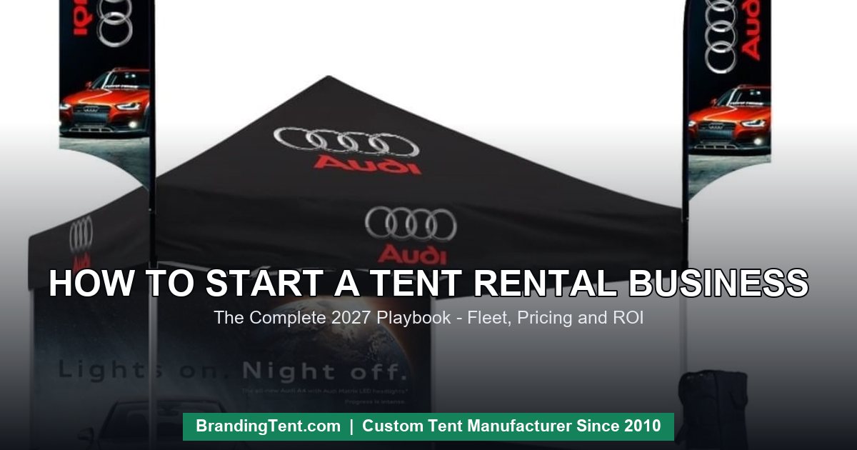 How to start a tent rental business - branded tent set with flags and table cover ready for a rental fleet