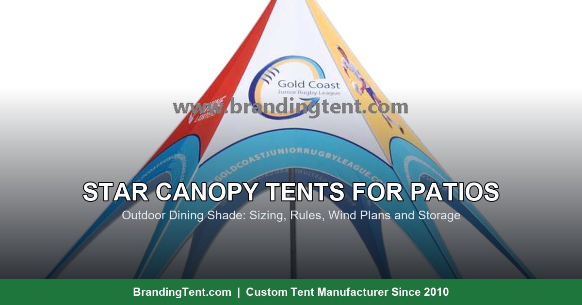 Star canopy tent shading a restaurant patio with printed radial canopy