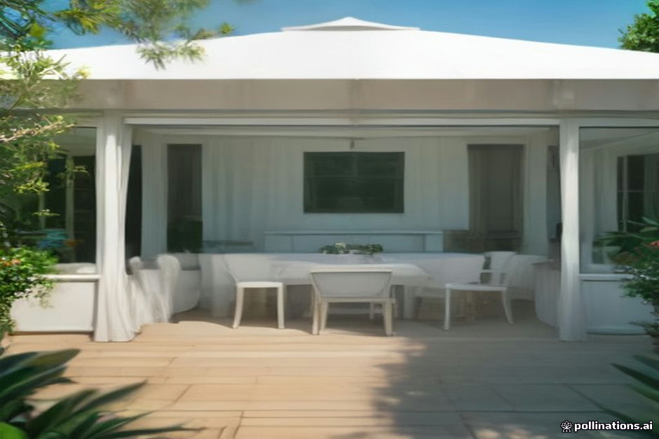 White pagoda canopy with high peaked roof standing on a restaurant terrace beside outdoor dining tables