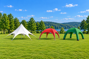 Single-pole star shade, rigid red arch shelter and green inflatable canopy shown as separate complete event tents
