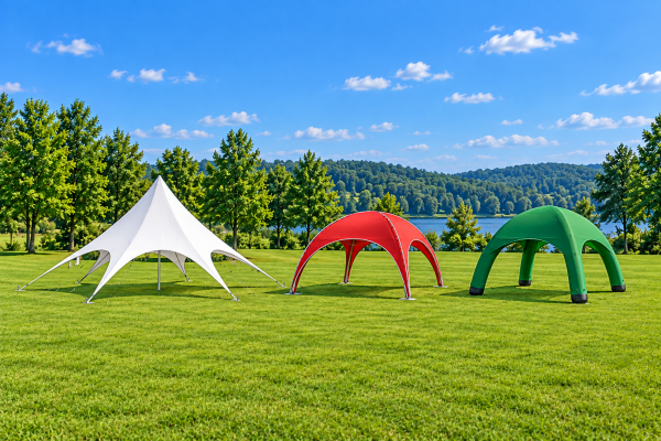 Single-pole star shade, rigid red arch shelter and green inflatable canopy shown as separate complete event tents