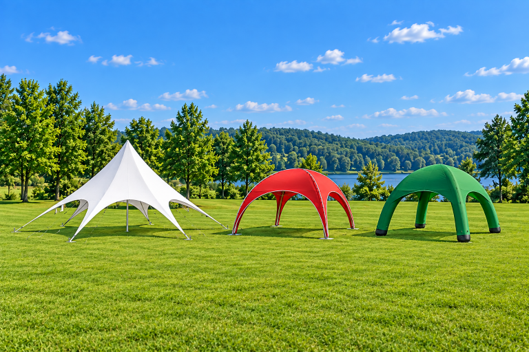 Single-pole star shade, rigid red arch shelter and green inflatable canopy shown as separate complete event tents