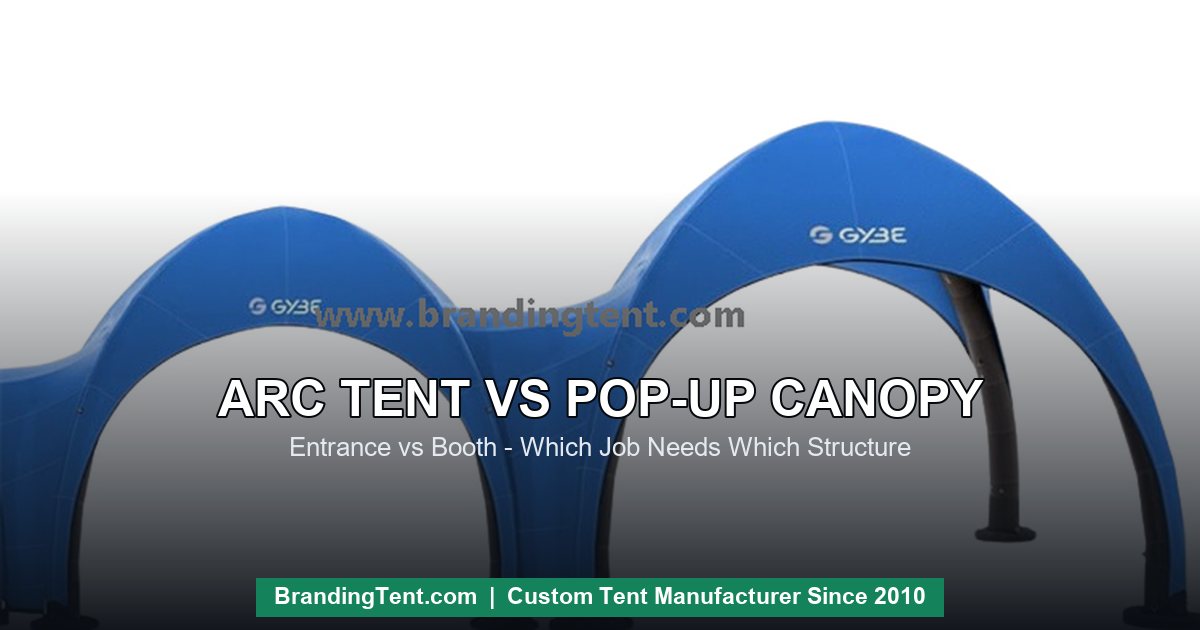 Arc tent vs pop-up canopy - blue inflatable walk-through arch at an event entrance
