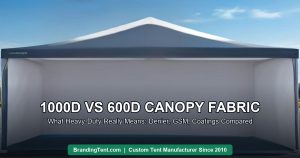 1000D vs 600D canopy fabric compared on a black commercial canopy tent, AI illustration by Besda BrandingTent