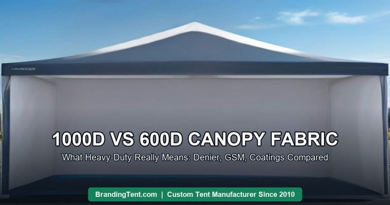1000D vs 600D canopy fabric compared on a black commercial canopy tent, AI illustration by Besda BrandingTent
