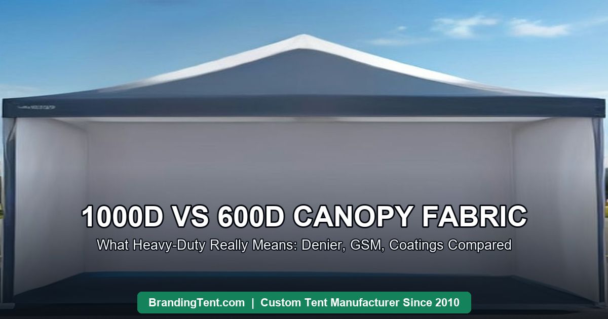 1000D vs 600D canopy fabric compared on a black commercial canopy tent, AI illustration by Besda BrandingTent
