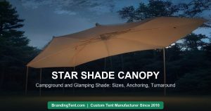 Star shade canopy at a campground at dusk with warm lights, AI illustration by Besda BrandingTent