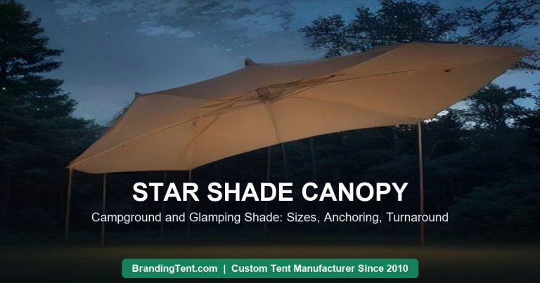 Star shade canopy at a campground at dusk with warm lights, AI illustration by Besda BrandingTent