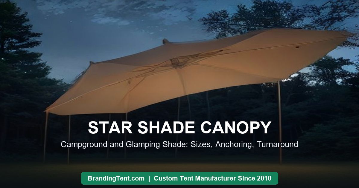 Star shade canopy at a campground at dusk with warm lights, AI illustration by Besda BrandingTent
