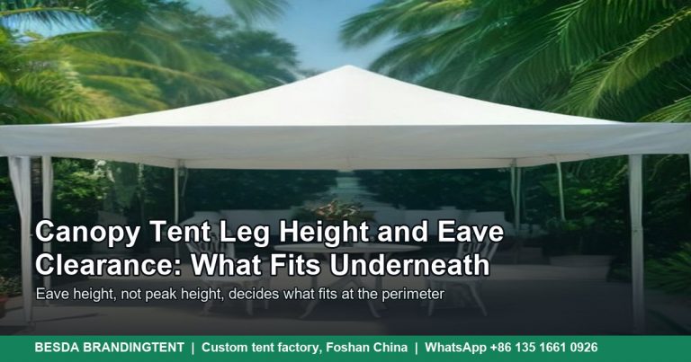 White commercial pop-up canopy tents with straight legs on a paved event plaza, showing eave clearance