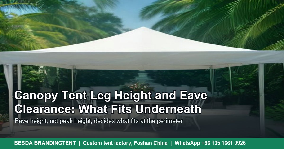 White commercial pop-up canopy tents with straight legs on a paved event plaza, showing eave clearance