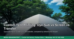 White dome event tent with a peaked roof on a lawn, ready for custom printing