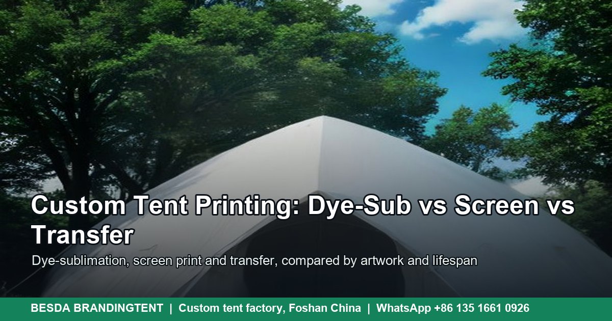 White dome event tent with a peaked roof on a lawn, ready for custom printing