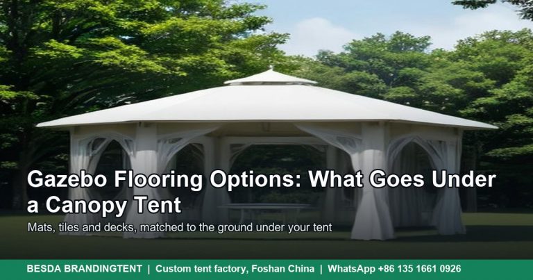 White gazebo tent with sheer curtain walls standing on a green lawn, illustrated cover