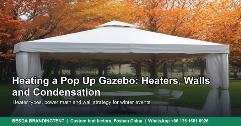 White pop up gazebo with closed sidewalls and a freestanding electric heater on a cold market square, illustrated cover