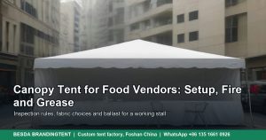 White pop up canopy tent with closed sidewalls on a stone market square, illustrated cover