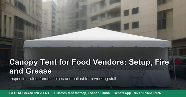 White pop up canopy tent with closed sidewalls on a stone market square, illustrated cover