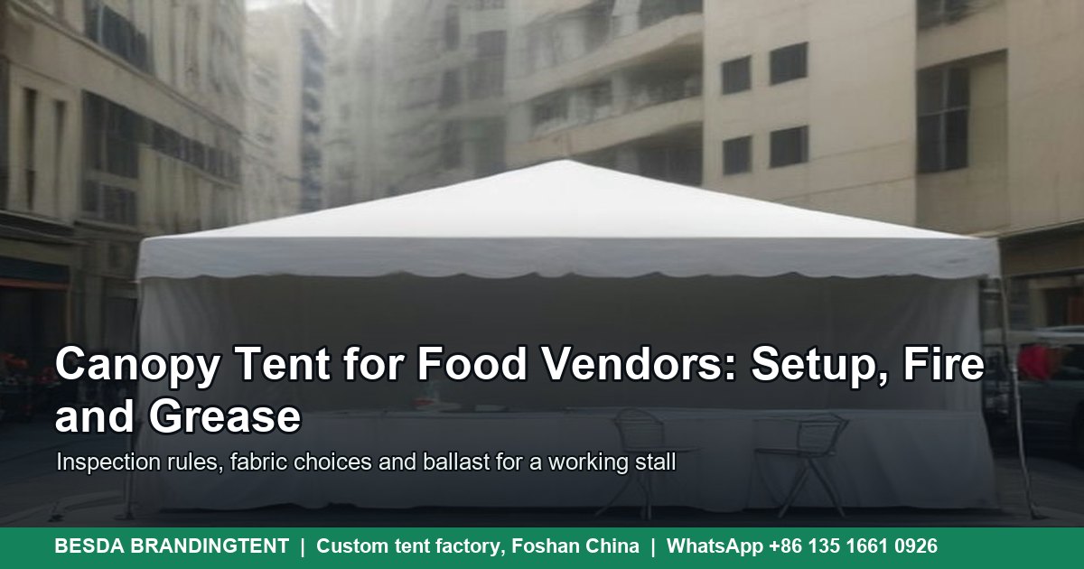 White pop up canopy tent with closed sidewalls on a stone market square, illustrated cover