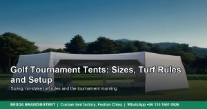 Two white canopy event tents standing on a golf course fairway with sandbag weights on the legs, illustrated cover