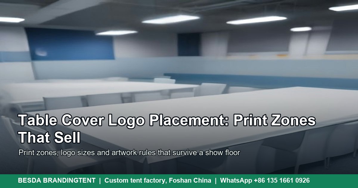 Exhibition hall tables dressed in smooth white fitted table covers with chairs set around them, illustrated cover