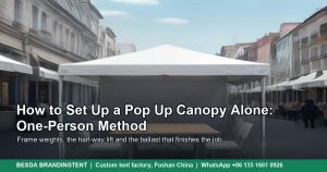 White pop up canopy tent with a folding table and chairs standing alone on a paved market square, illustrated cover